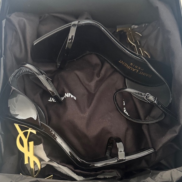 Yves Saint Laurent Black Patent Leather Heels with Gold Logo Heel - Picture 3 of 3